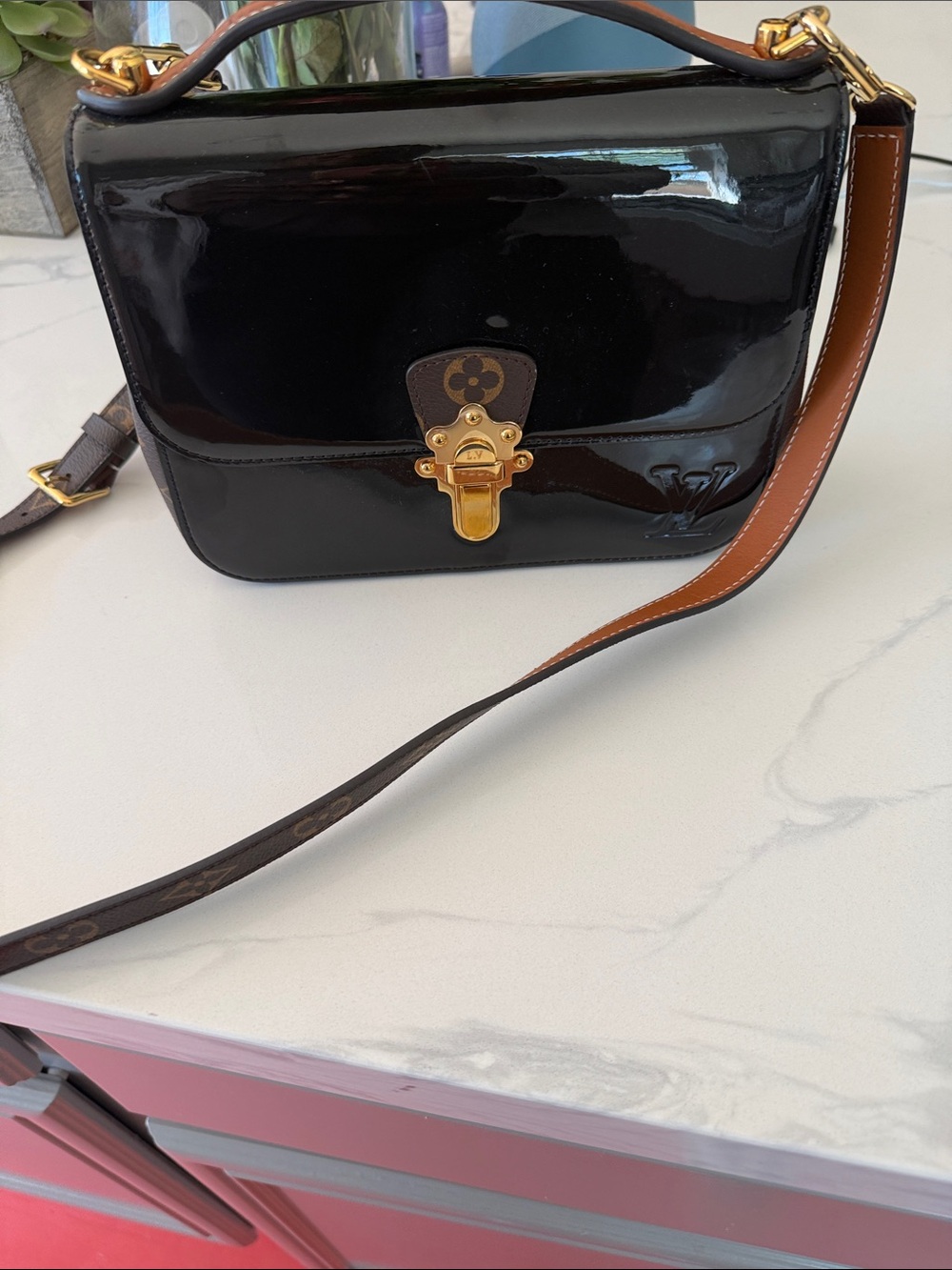 Louis Vuitton Black Patent Leather Crossbody with Gold Hardware and Brown Strap